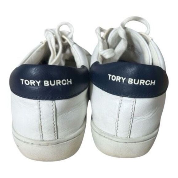 Tory Burch Leigh Green Blue T Logo Women Sneakers Size 5.5M White Leather Upper - Picture 6 of 11